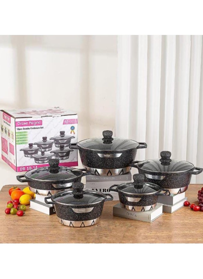 10-Piece Non Stick Durable Granite Cookware Set Grey/Clear Very Small Casserole 20, Small Casserole 24, Medium Casserole 28, Large Casserole 32, Shallow Casserole 28cm Grey/Clear Very