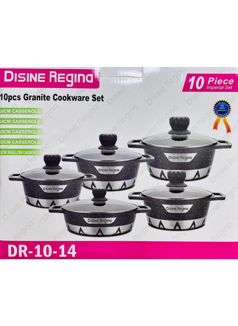 10-Piece Non Stick Durable Granite Cookware Set Grey/Clear Very Small Casserole 20, Small Casserole 24, Medium Casserole 28, Large Casserole 32, Shallow Casserole 28cm Grey/Clear Very