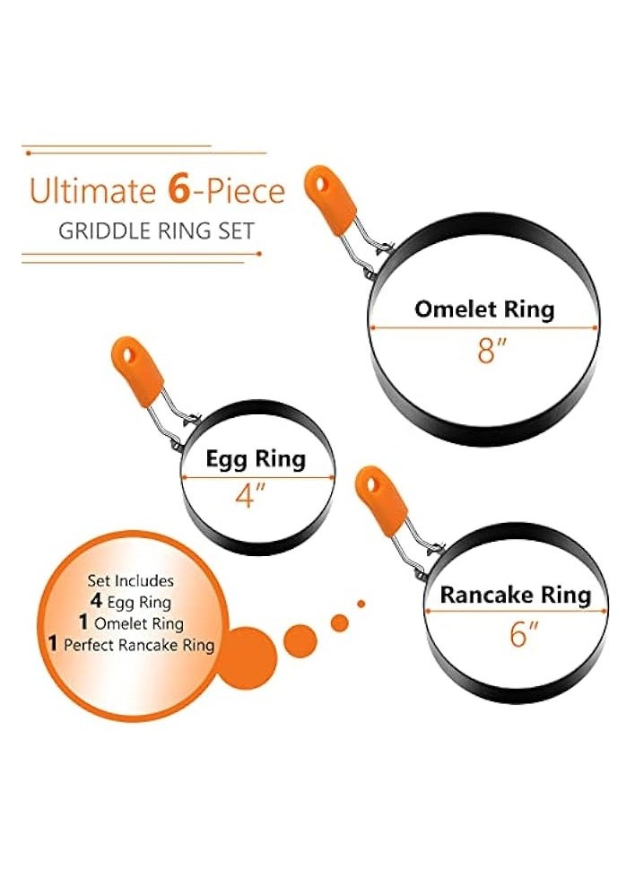 6 Pcs Professional Egg Ring Pancake Ring Set Stainless Steel Fried Egg Ring Griddle Pancake Shapers with Silicone Handle for Breakfast Omelette Sandwich