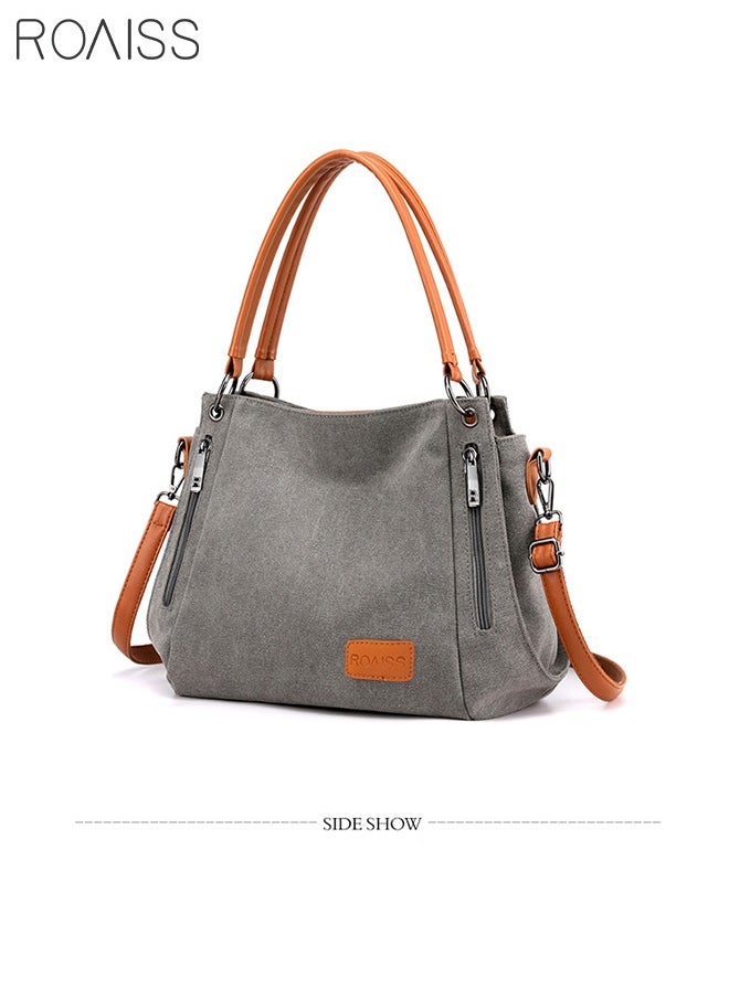 Casual Large Shoulder Tote Bag Canvas Handbag with Long Strap and Multi Pocket Design Perfect for Young Women and Teenagers for School and Shopping Grey and Orange