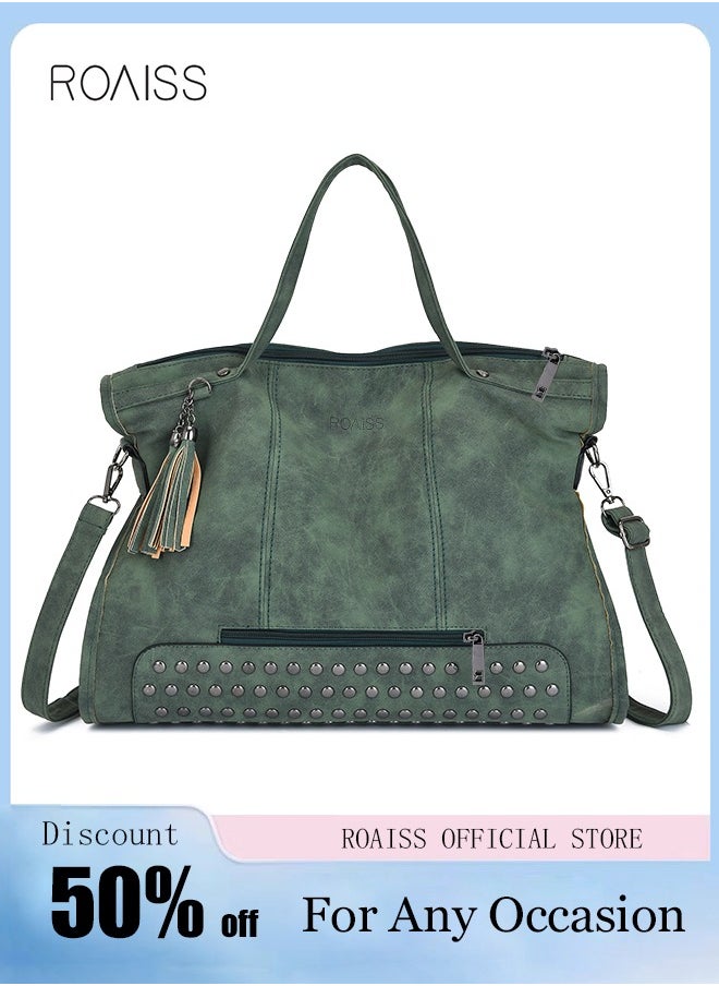 Trendy Large Capacity Tote Bag with Rivets and Tassels Retro Style Crossbody and Shoulder Bag for Women Includes Long Strap Ideal for Travel Green