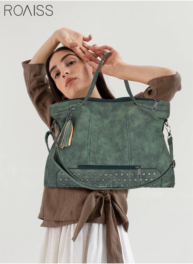 Trendy Large Capacity Tote Bag with Rivets and Tassels Retro Style Crossbody and Shoulder Bag for Women Includes Long Strap Ideal for Travel Green