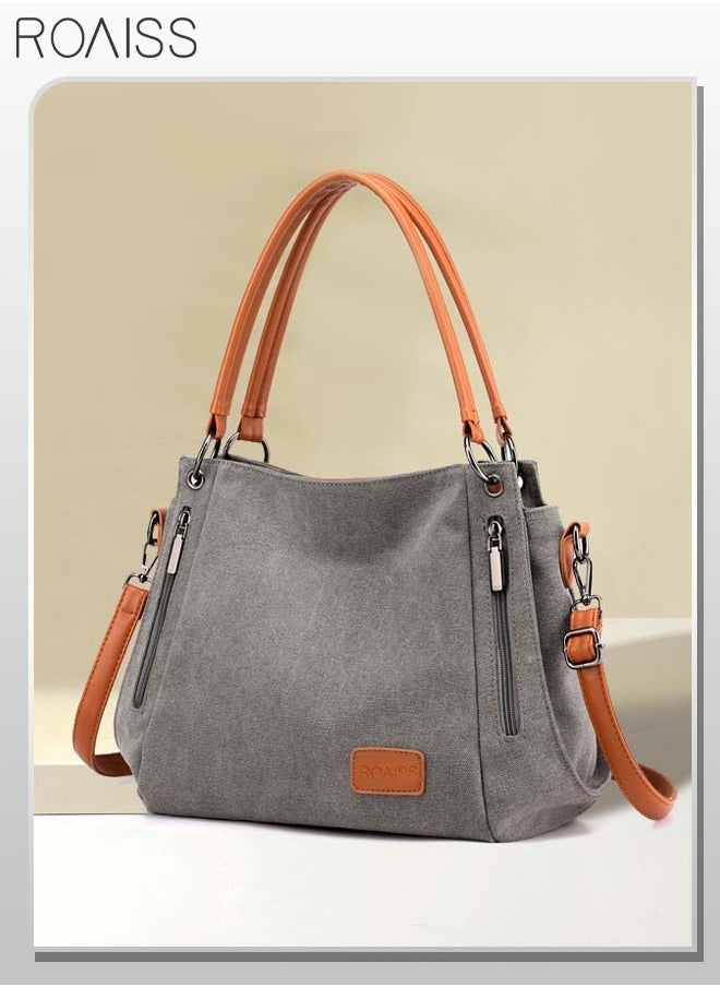 Versatile Large Capacity Tote Bag Casual Canvas Crossbody Bag with Long Strap and Multiple Pockets for Young Women and Teens Ideal for School and Shopping Grey and Orange