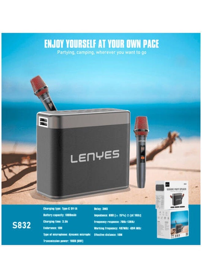 Lenyes S832 Outdoor KTV Wireless Speaker and Microphone Karaoke, 200W Output, 5.0 Bluetooth, Up to 18 Meters Distance, Up to 22 Hours Battery Life, 24000mAH Battery Capacity - Black
