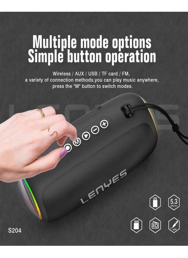 Lenyes S204 RGB Portable Wireless Bluetooth Speaker, Vibrant RGB Lighting, 5.3 Bluetooth Connectivity, 10m Wireless Distance, Type-C Charging Port - Black