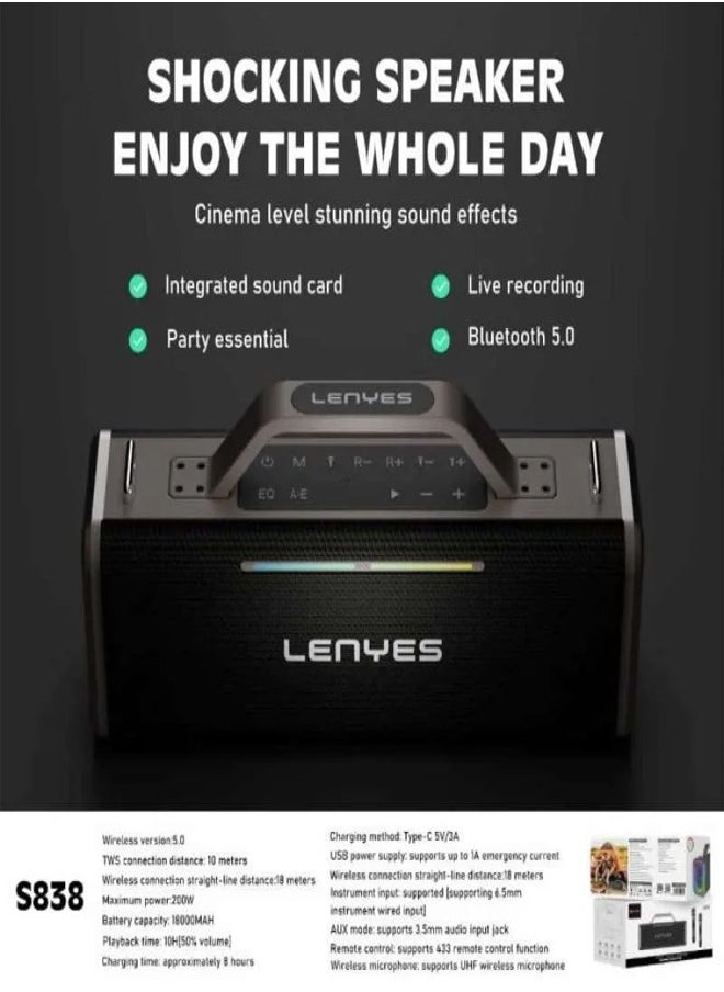 Lenyes S838 Wireless Speaker with Bluetooth 5.0 , 360° surround sound effect Diaphragm on both sides，Support Bluetooth, TF card, USB drive, AUX,TWS,and instrument direct connection