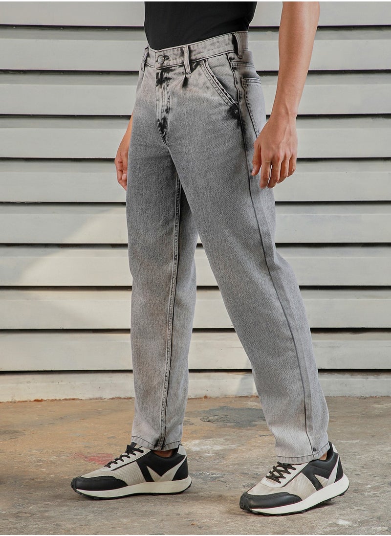 Relaxed Fit Grey Jeans for Men, Mid-Rise and Heavy Fade