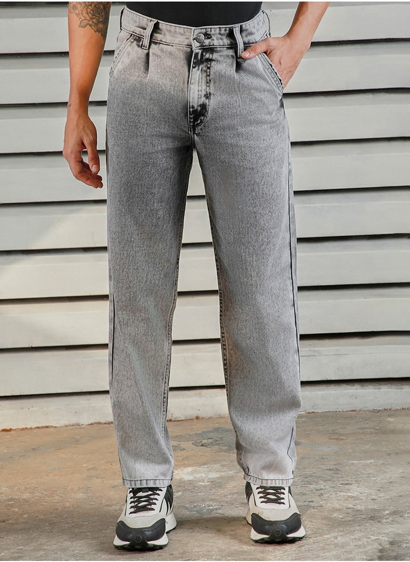 Relaxed Fit Grey Jeans for Men, Mid-Rise and Heavy Fade