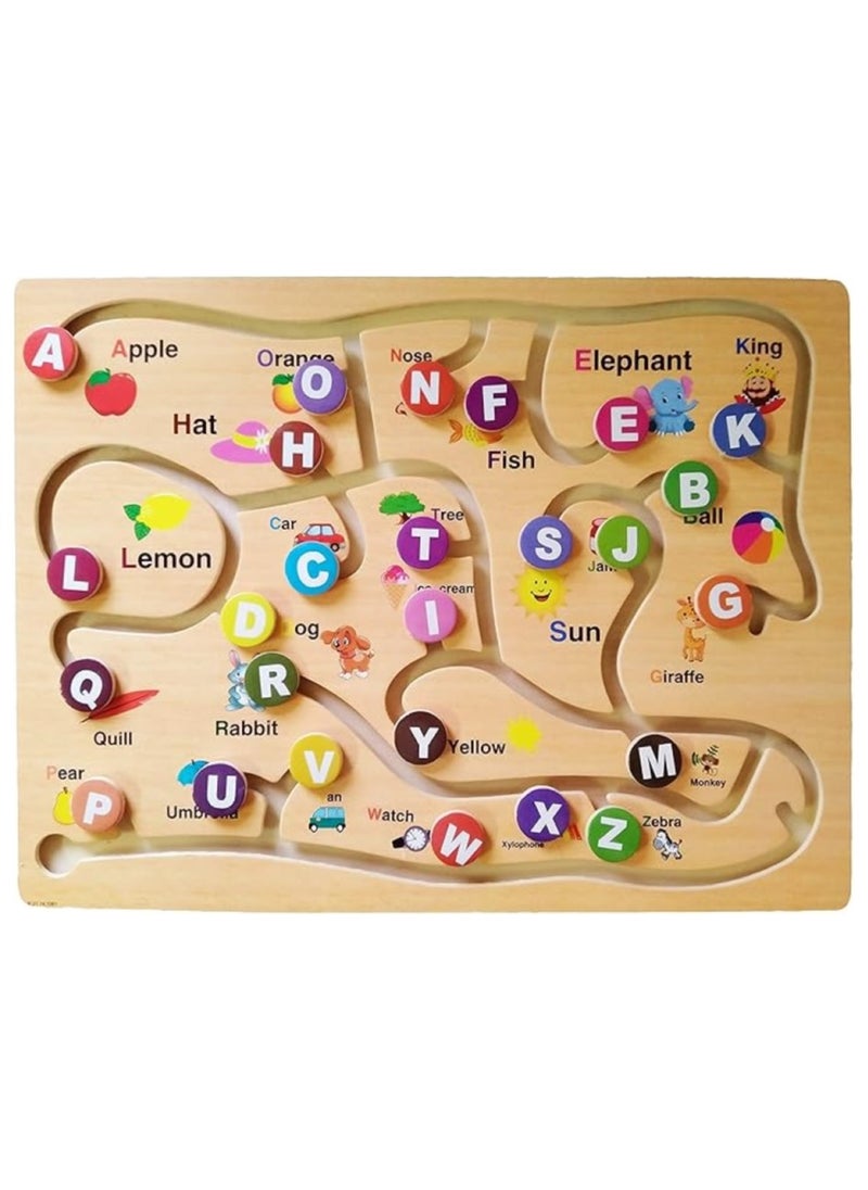 ABC Alphabet Game Toy For Kid Good For Early Developmental Activity Improves Fine Motor Skills and Color Recognition Maze Wooden Puzzle A Brain Development Game (English)