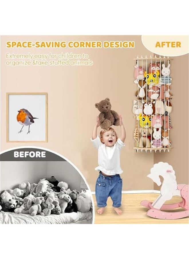 Corner Stuffed Animal Storage Toy Organizer, Stuffed Animals Holder, Large Kids Plushies Toys Wall Hanging with Adjustable Length for Nursery Playroom Bedroom