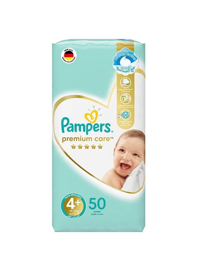 Premium Care Diapers, Size 4+, 10-15 Kg, The Softest Diaper And The Best Skin Protection, 2 packs of 50 Baby Diapers