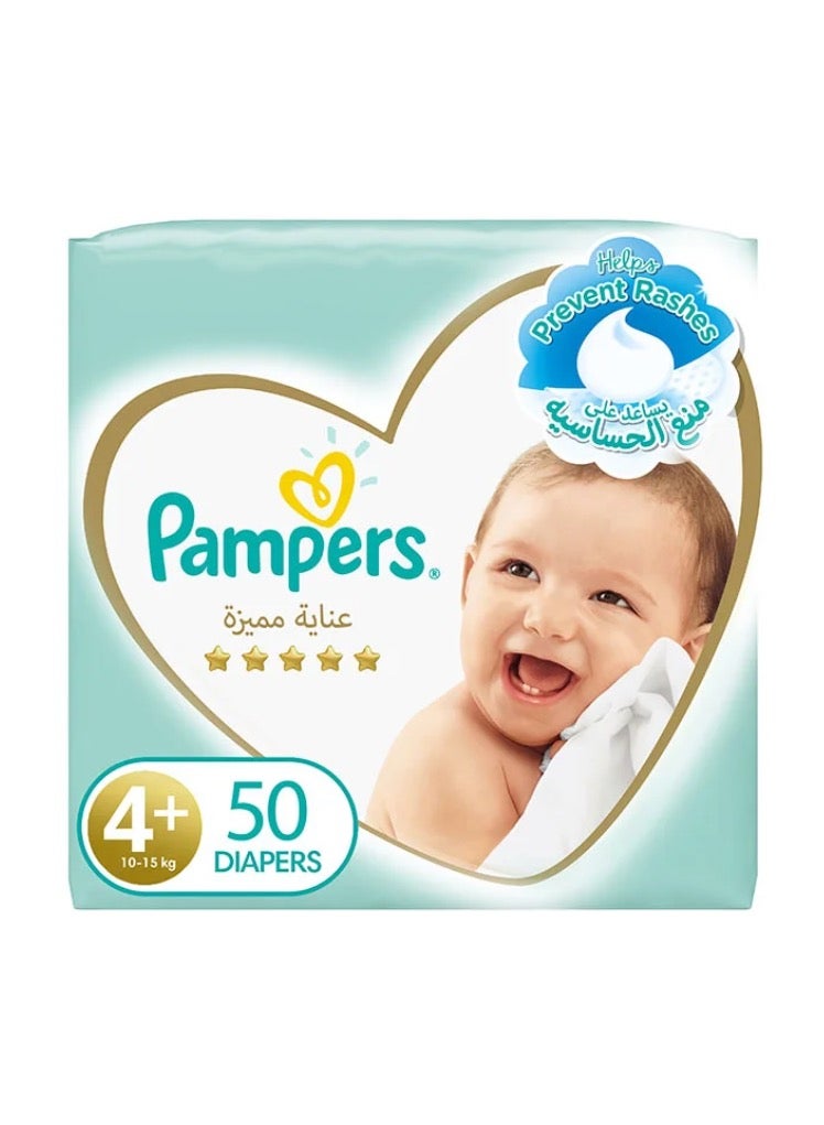 Premium Care Diapers, Size 4+, 10-15 Kg, The Softest Diaper And The Best Skin Protection, 2 packs of 50 Baby Diapers