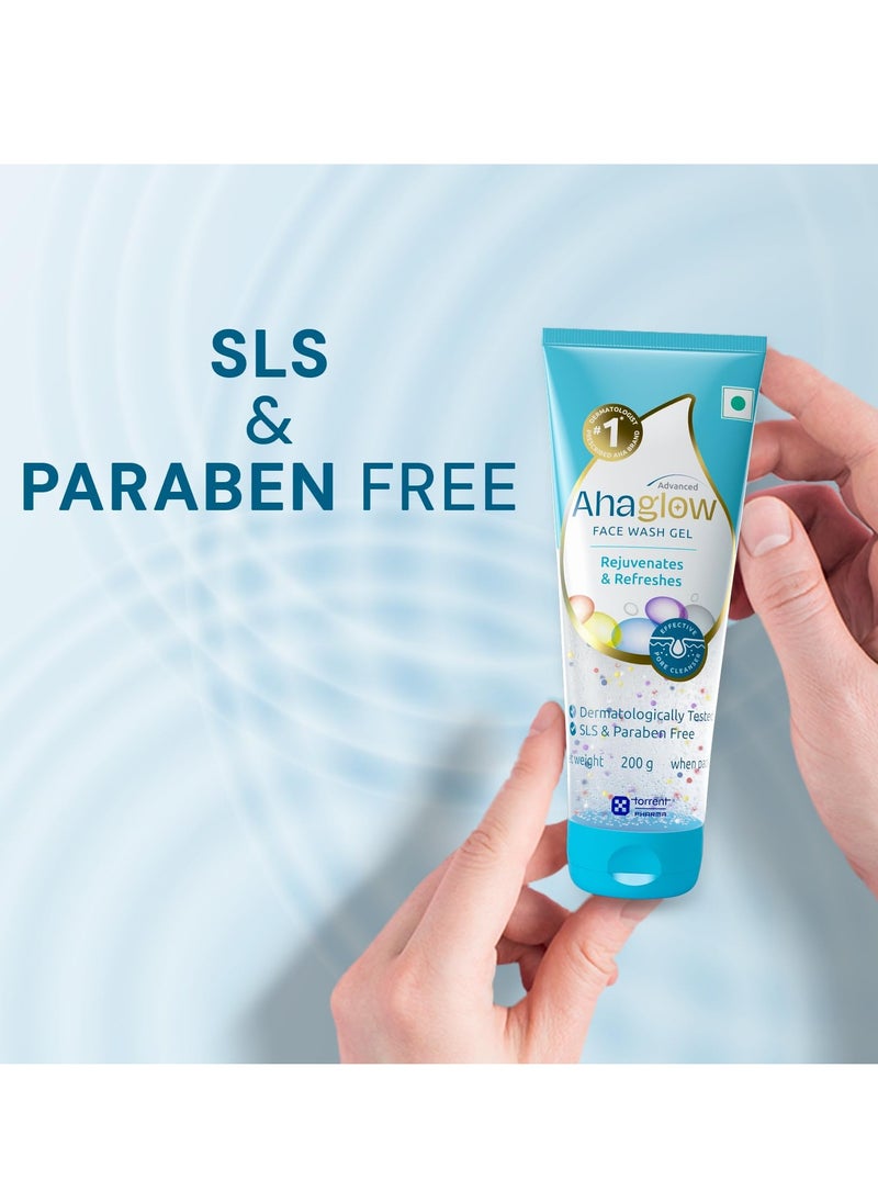 Advanced Face Wash Gel 200g with AHA(1% Glycolic Acid) Glow Bombs| Jojoba & Tea Tree Oil | Allantoin, Vitamin E & Oak bark Extract | No.1 Dermatologist Prescribed