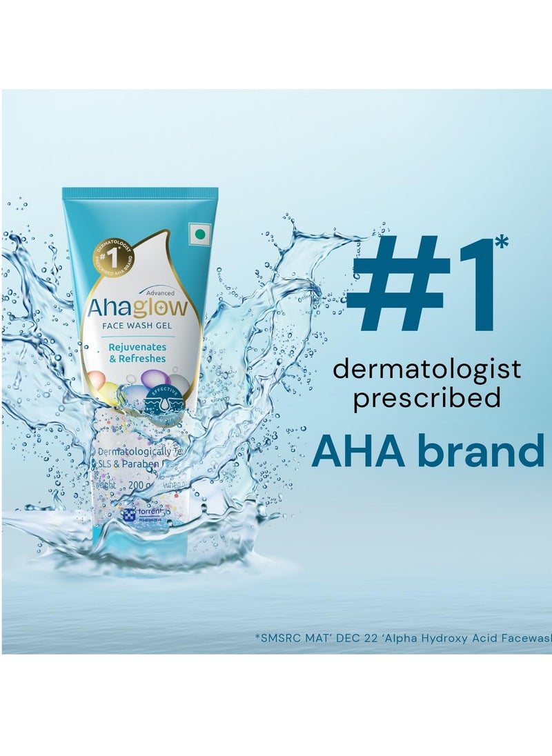 Advanced Face Wash Gel 200g with AHA(1% Glycolic Acid) Glow Bombs| Jojoba & Tea Tree Oil | Allantoin, Vitamin E & Oak bark Extract | No.1 Dermatologist Prescribed