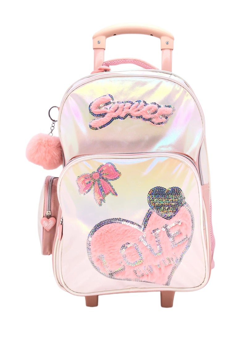 Peach Color Design Rolling Backpack 15 inch Wheeled Kids Backpack with Lunch Bag and Pencil Case for Girls Blue and Boys