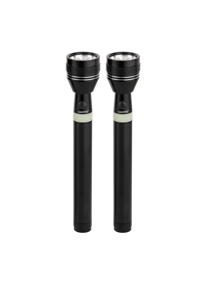 Rechargeable LED Flashlight, Pack of 2| Perfect for Indoor and Outdoor Use, 3 Hours Continuous Working| with Aircraft Aluminum Housing, 7W LED, Lithium Battery| Night Glow Rubber Ring, Resistant to Corrosion, Water and Shock| GFL4637N Black