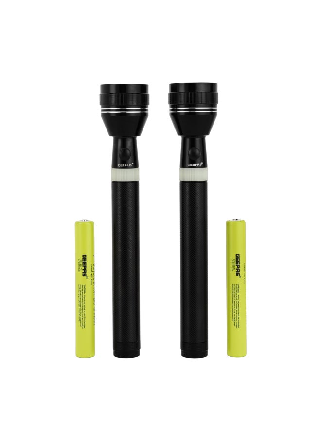 Rechargeable LED Flashlight, Pack of 2| Perfect for Indoor and Outdoor Use, 3 Hours Continuous Working| with Aircraft Aluminum Housing, 7W LED, Lithium Battery| Night Glow Rubber Ring, Resistant to Corrosion, Water and Shock| GFL4637N Black