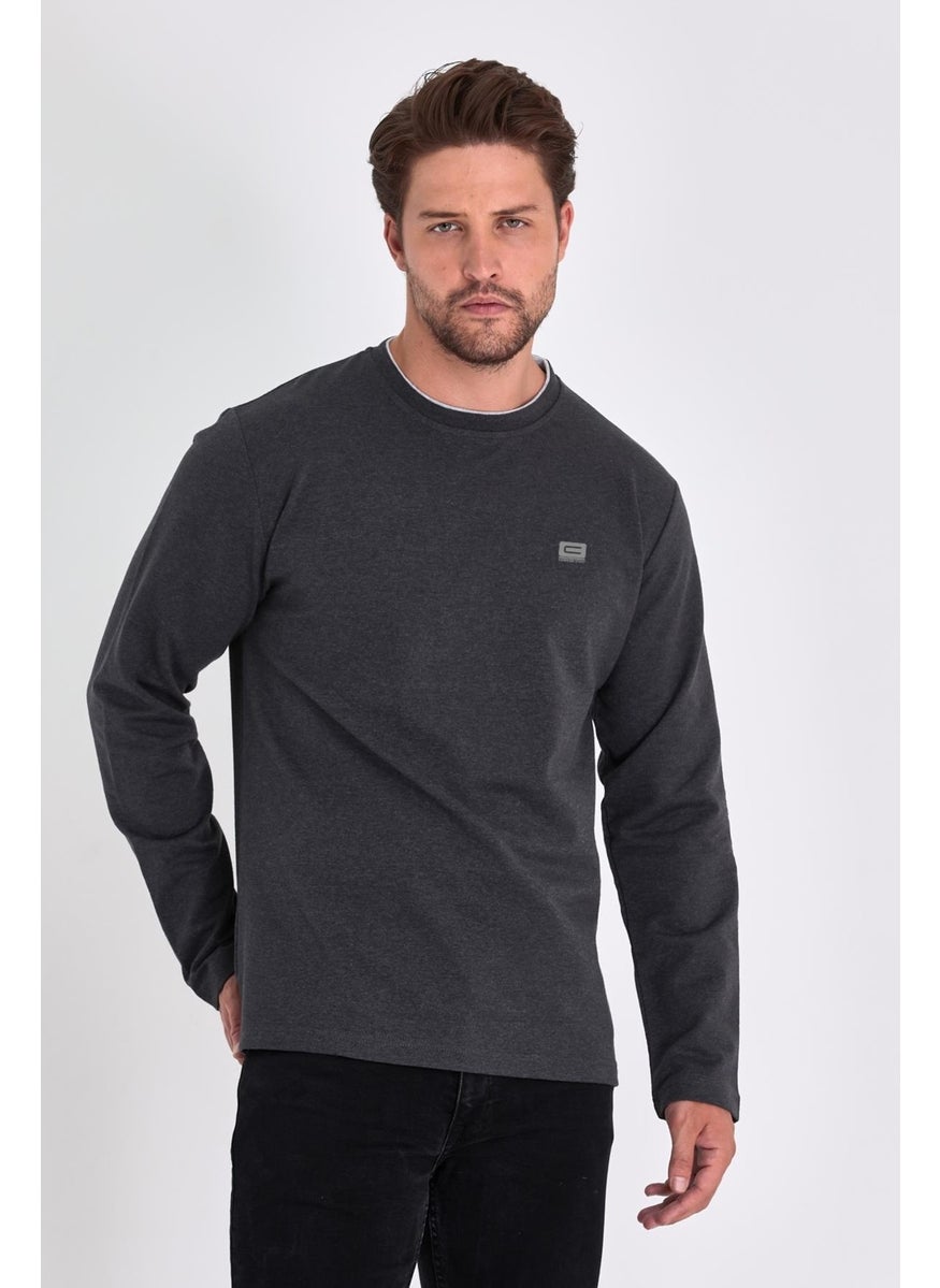 Men's Anthracite Double Crew Neck Print Detailed Standard Comfortable Cut Sweatshirt