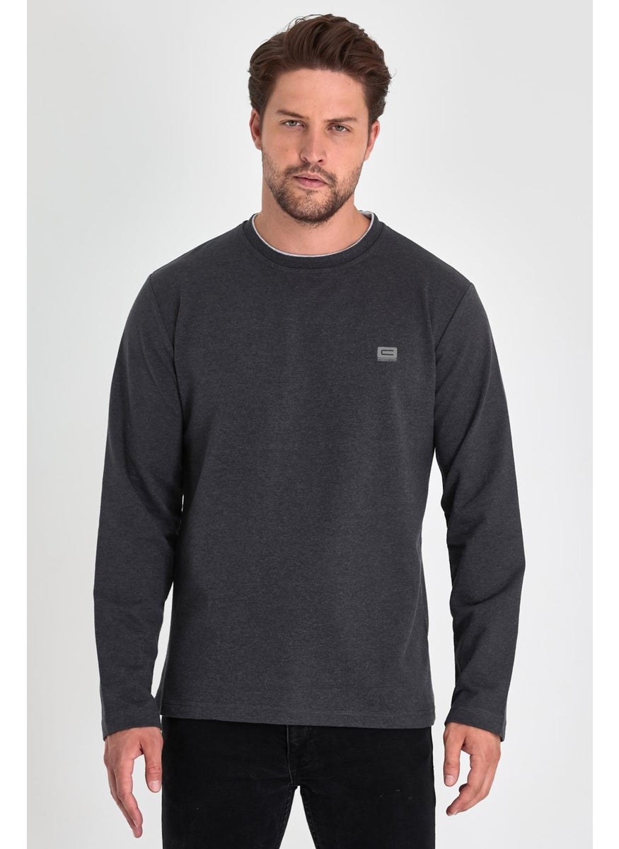 Men's Anthracite Double Crew Neck Print Detailed Standard Comfortable Cut Sweatshirt