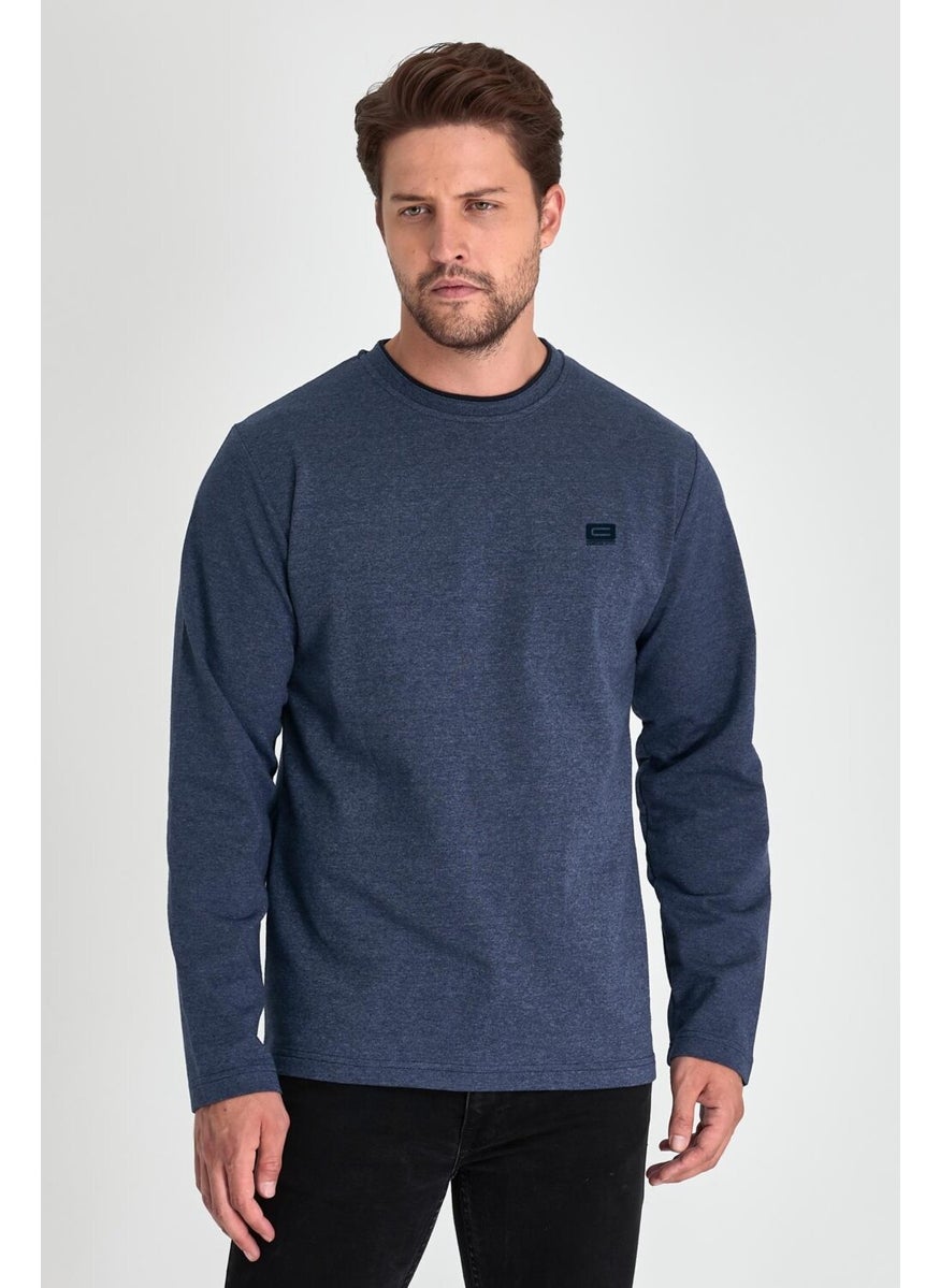 Men's Indigo Double Crew Neck Print Detailed Standard Comfortable Cut Sweatshirt