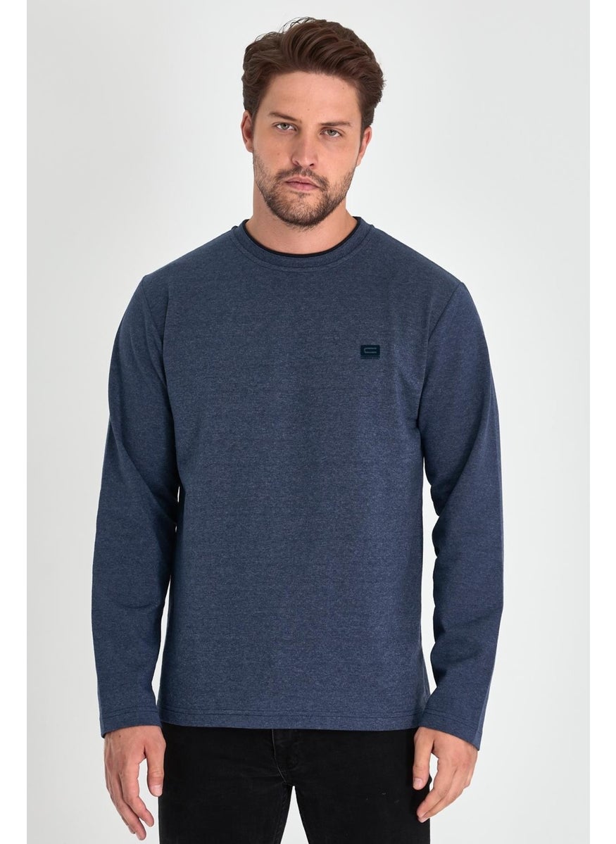 Men's Indigo Double Crew Neck Print Detailed Standard Comfortable Cut Sweatshirt