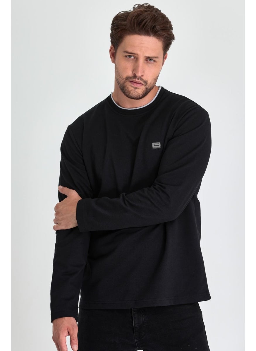 Men's Black Double Crew Neck Print Detailed Standard Comfortable Cut Sweatshirt