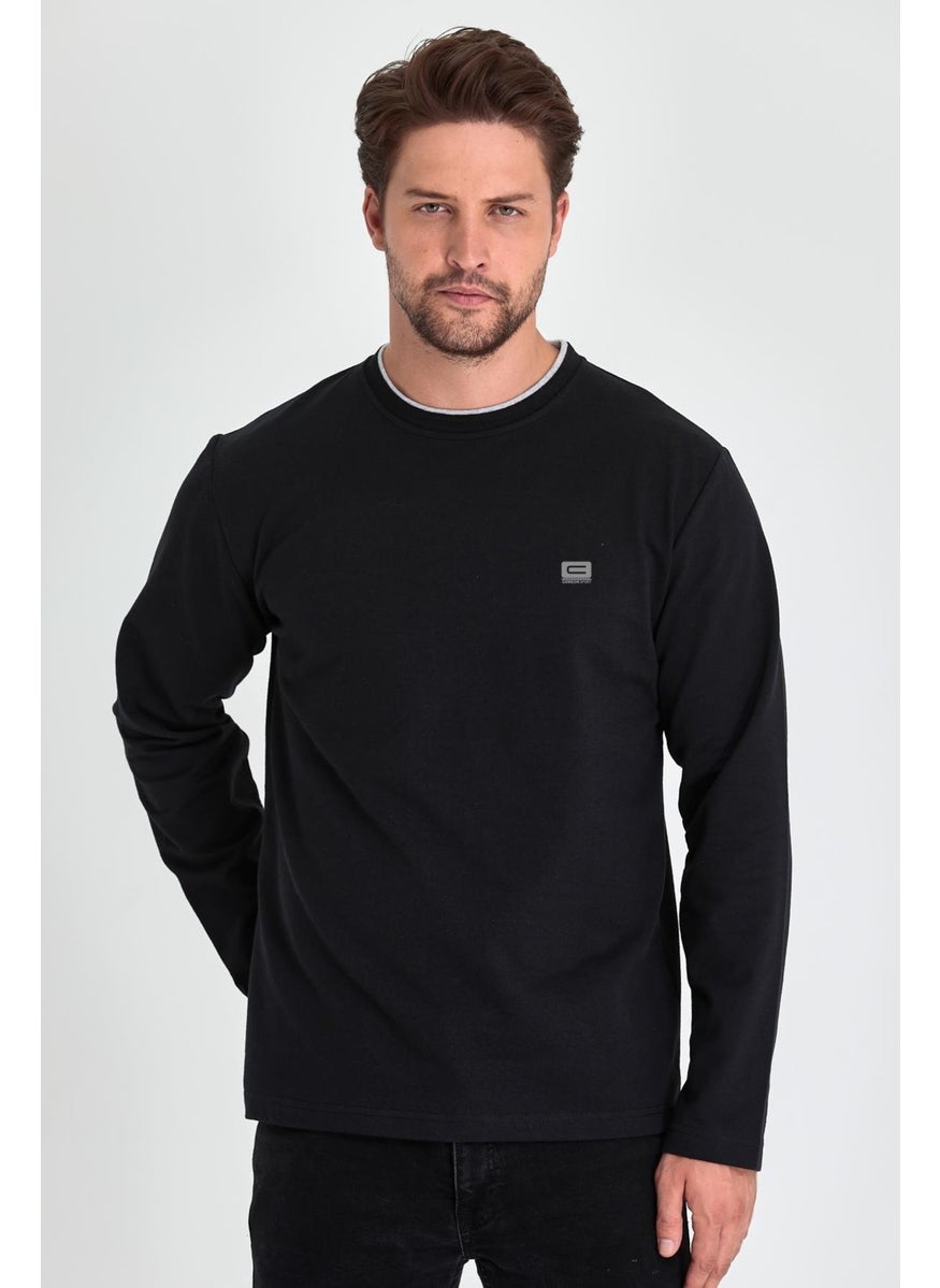 Men's Black Double Crew Neck Print Detailed Standard Comfortable Cut Sweatshirt