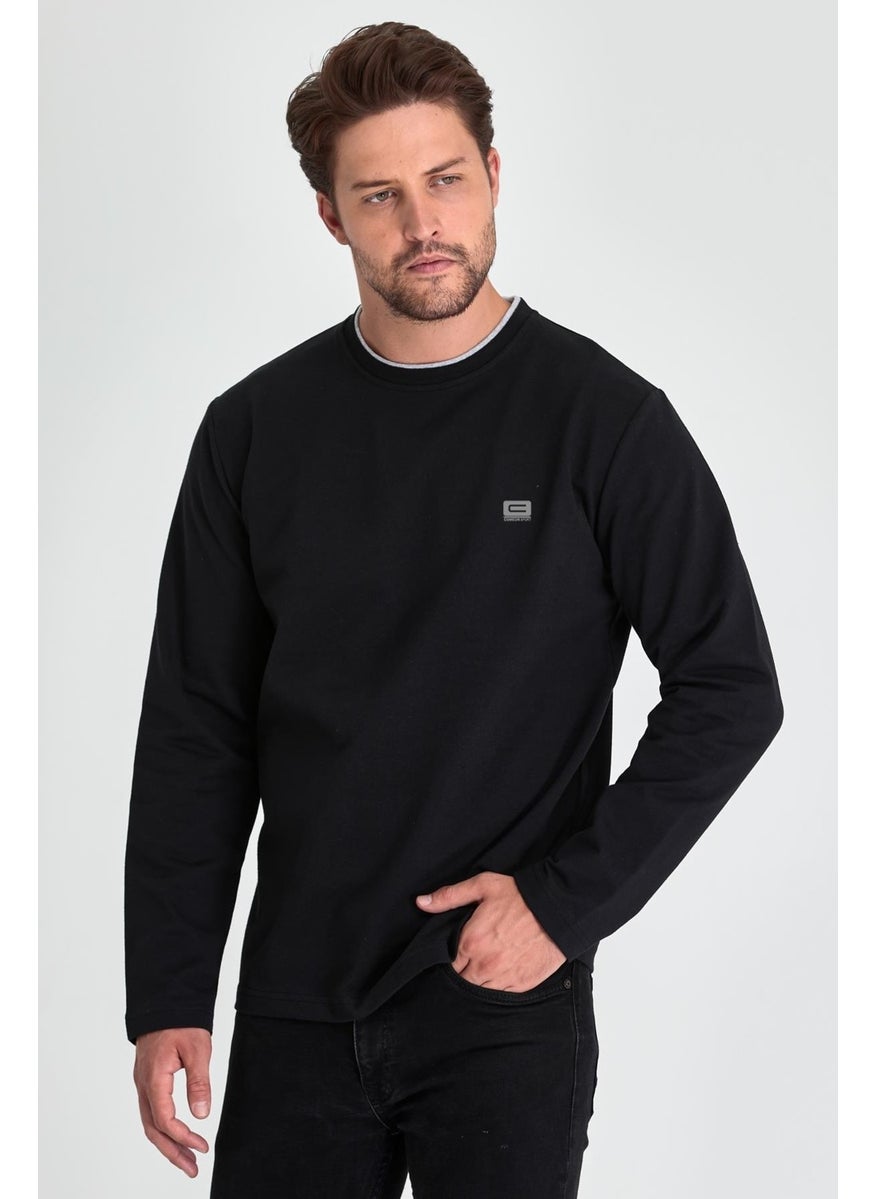 Men's Black Double Crew Neck Print Detailed Standard Comfortable Cut Sweatshirt