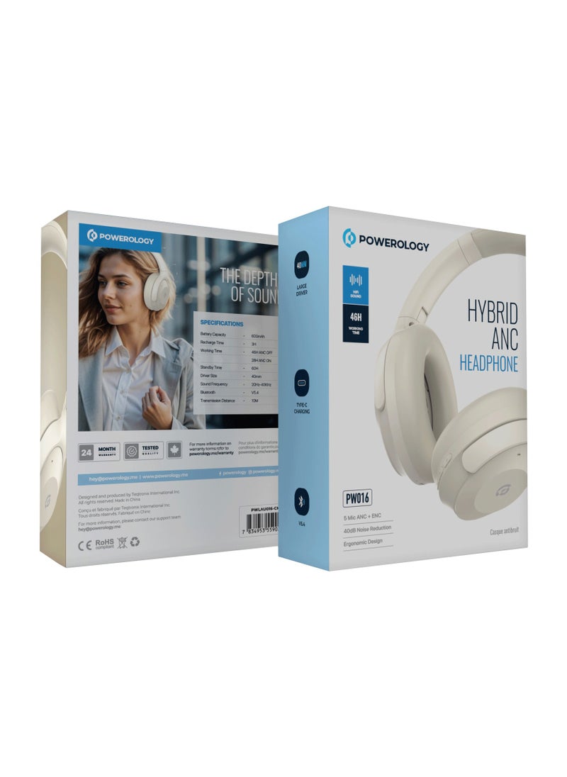 Hybrid ANC + ENC Headphone / HiFi sound / 46H working time / 10M Transmission distance / Ergonomic Design /Wireless / Bluetooth 5.4 / 40mm Large Driver - Cream