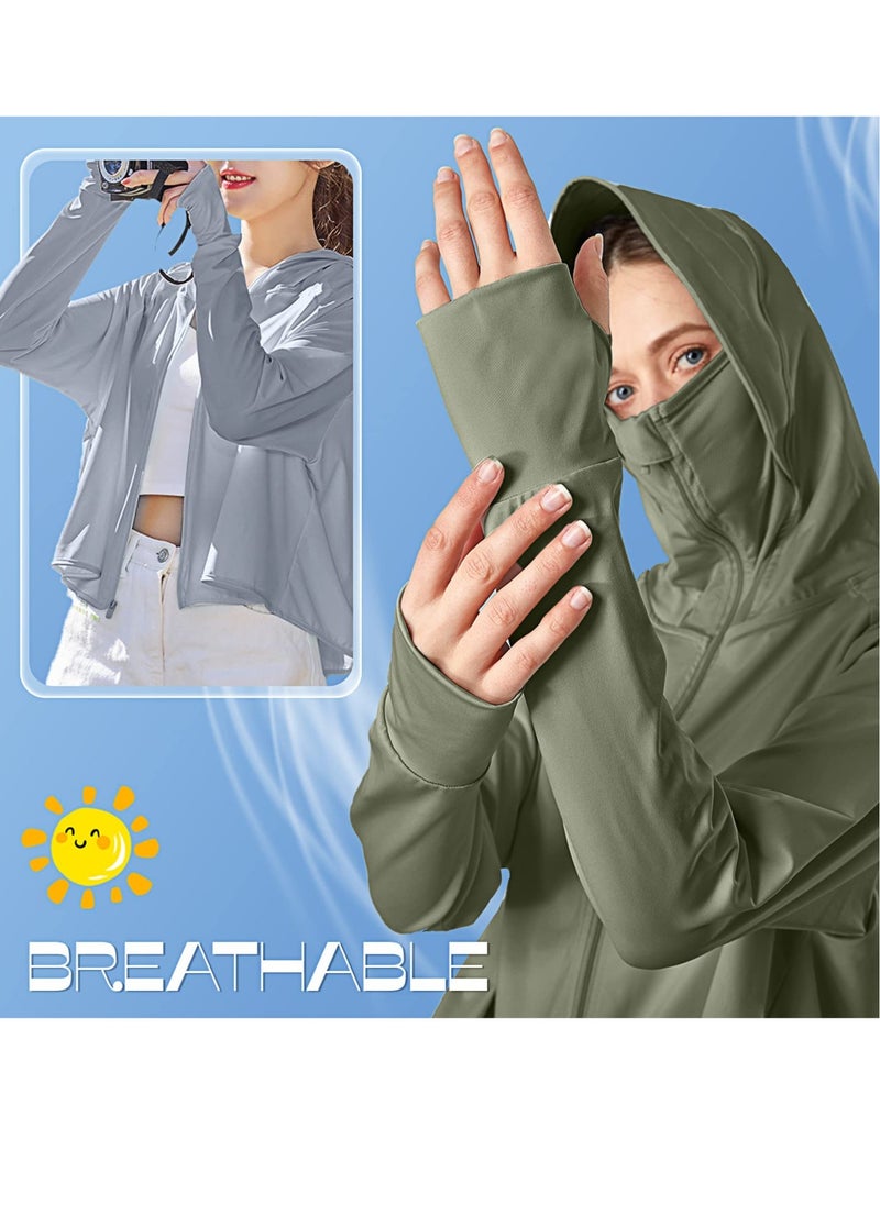 UV Protection Clothing, 2 Pcs Sun Protection Hoodie Jacket Full Zip UV Block Clothing for Women