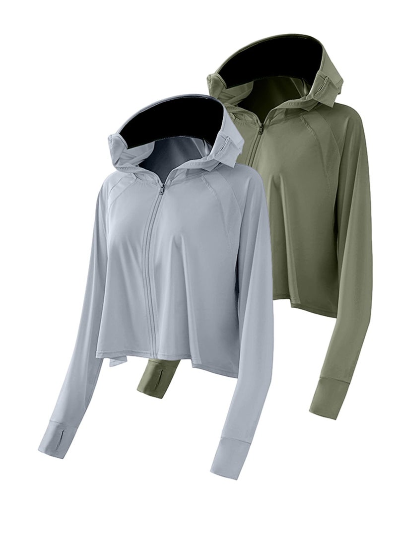 UV Protection Clothing, 2 Pcs Sun Protection Hoodie Jacket Full Zip UV Block Clothing for Women