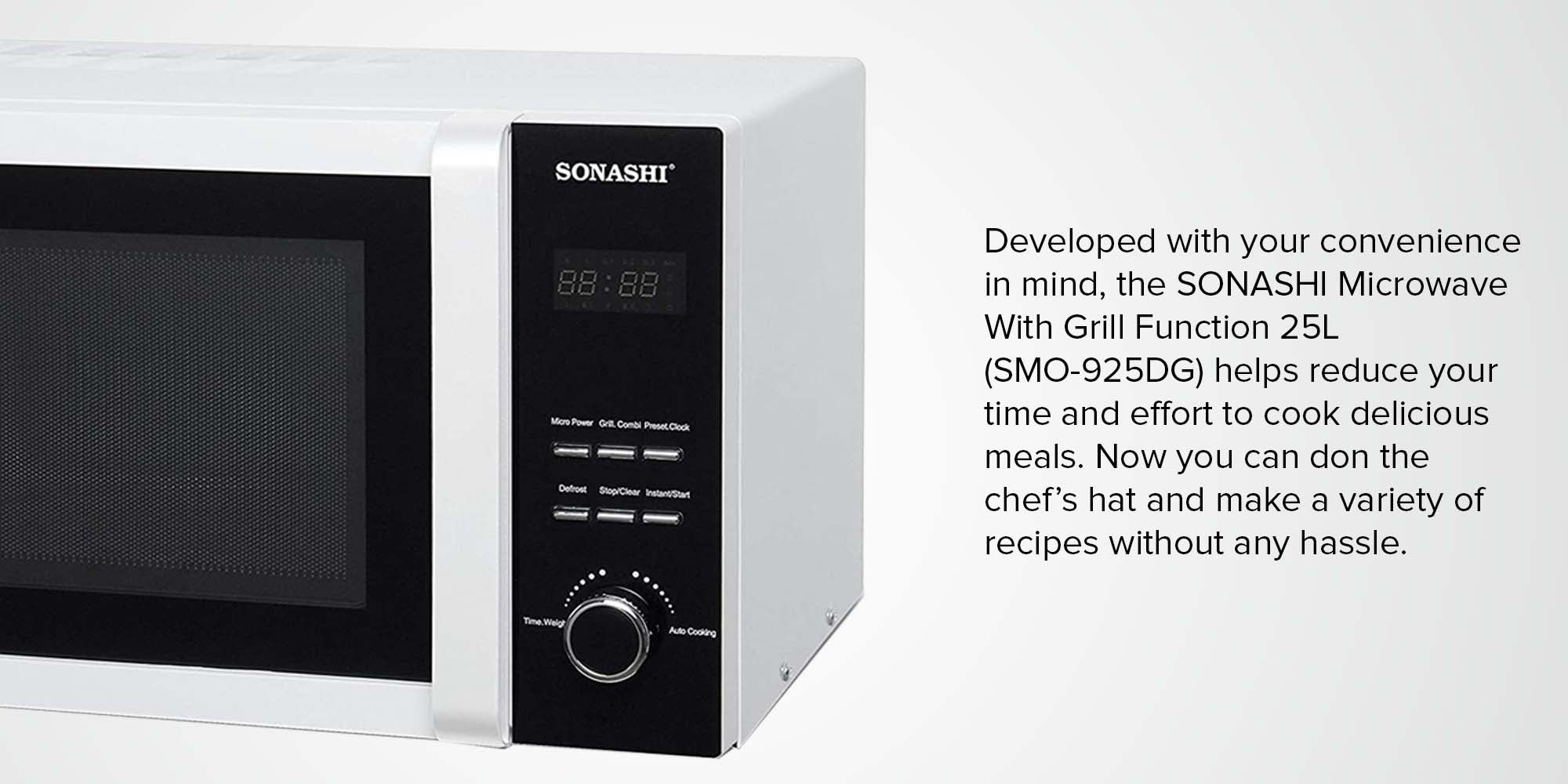 25L Microwave Oven - Digital Touch Control | Pull Open Door Handle with Child Safety Lock | 1000W Grill, Fast Heating and Defrost Function | Good for Home & Office with 5 Power Levels 25 L 1000 W SMO-925DG Black/White