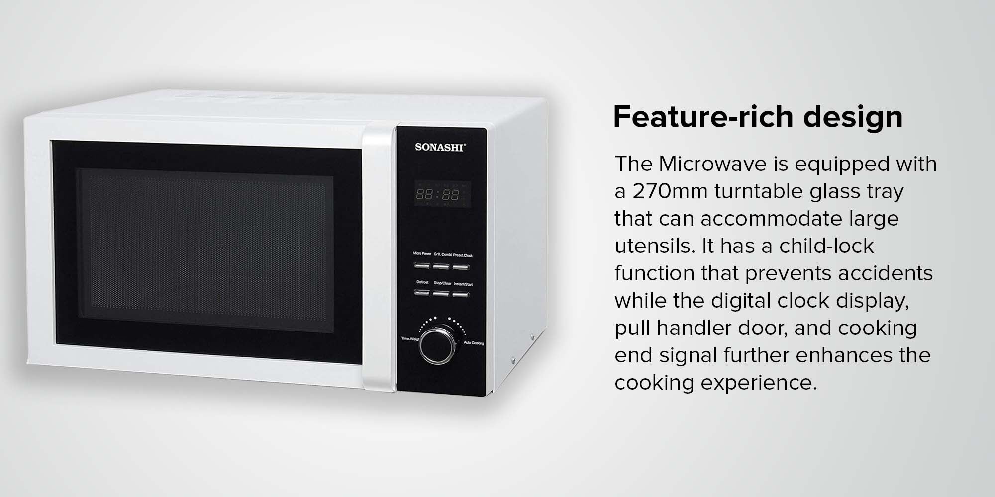 25L Microwave Oven - Digital Touch Control | Pull Open Door Handle with Child Safety Lock | 1000W Grill, Fast Heating and Defrost Function | Good for Home & Office with 5 Power Levels 25 L 1000 W SMO-925DG Black/White