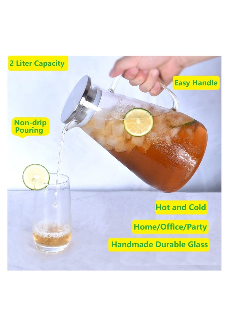 2 Liter 68 Ounces Glass Pitcher With Lid, Hot&Cold Water Pitcher With Handle, for Homemade Beverage, Juice, Iced Tea and Milk