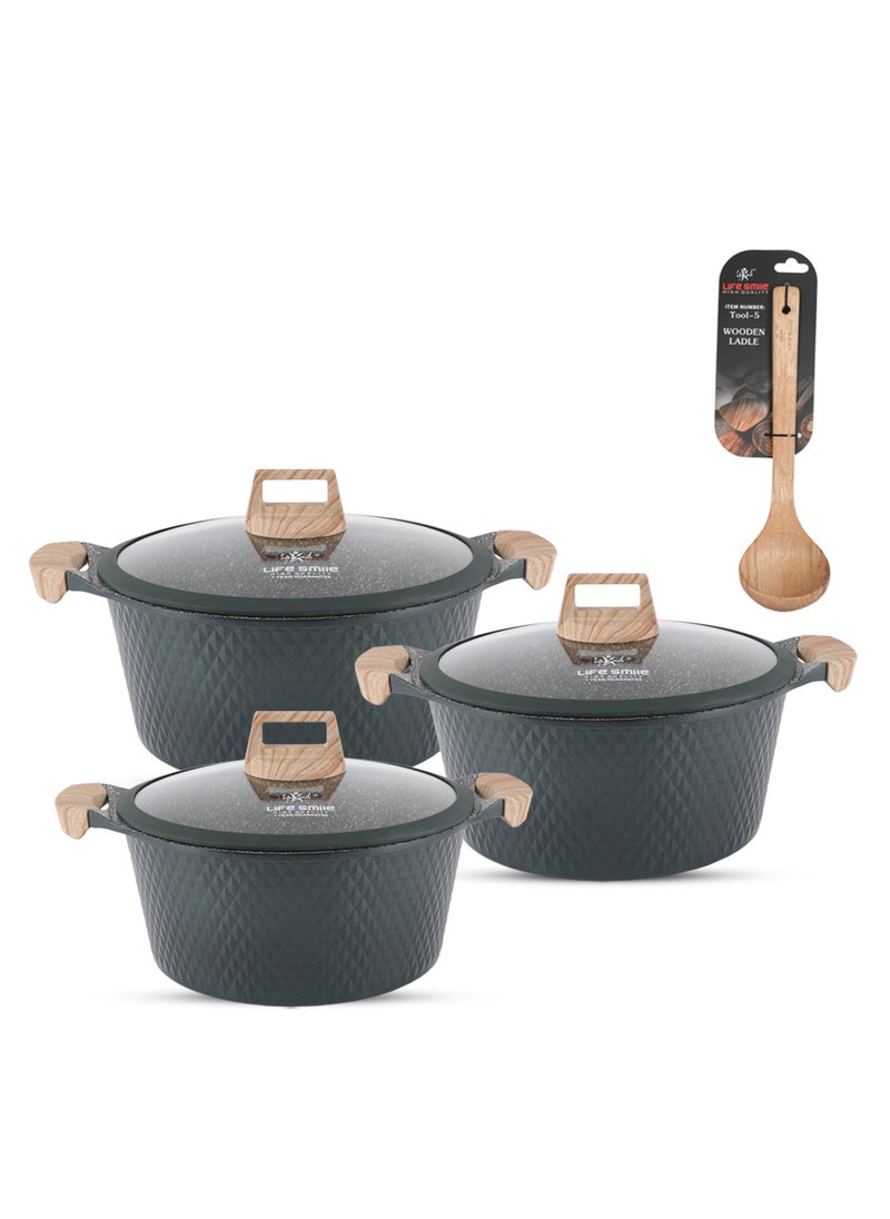 LIFE SMILE Granite Stone Non-Stick Cooking Set - Multi-Layer Granite Coated Cookware with Induction Base and Bakelite Handles, 100% PFOA-Free Pots (Brown, 20/24/28CM)