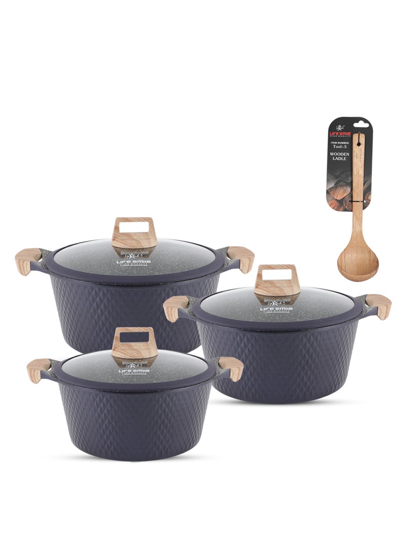 LIFE SMILE Granite Stone Non-Stick Cooking Set - Multi-Layer Granite Coated Cookware with Induction Base and Bakelite Handles, 100% PFOA-Free Pots (Brown, 20/24/28CM)