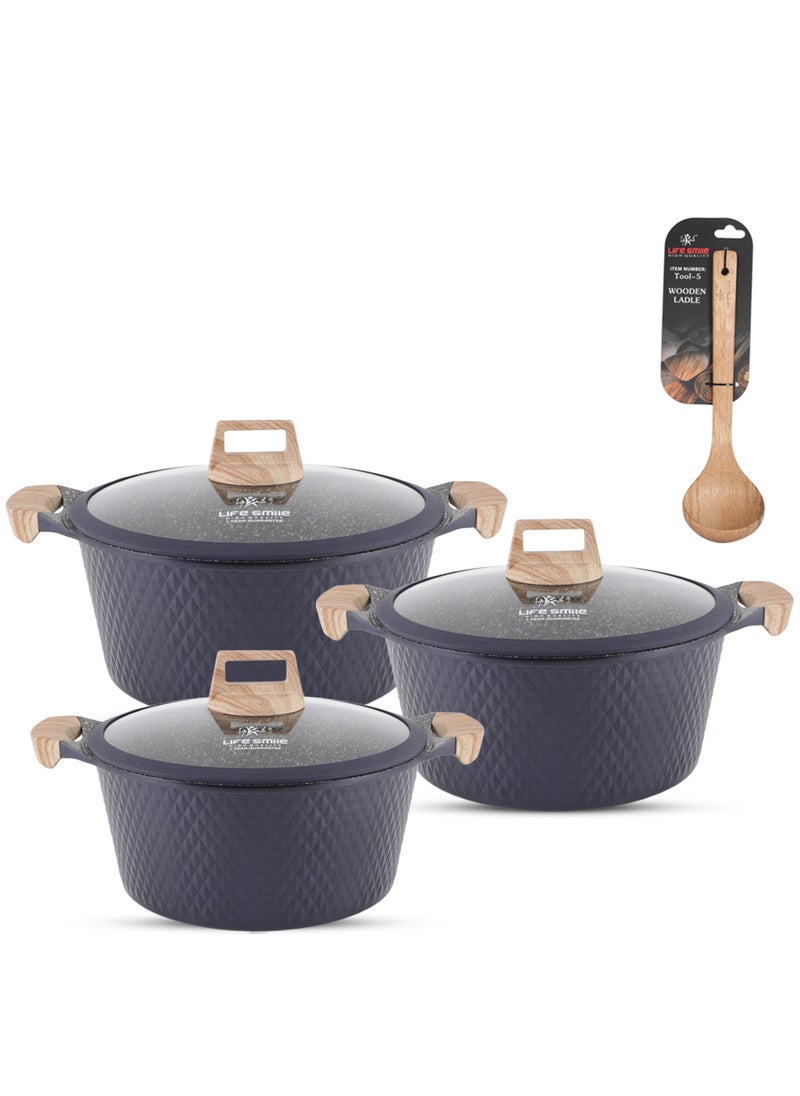 LIFE SMILE Granite Stone Non-Stick Cooking Set - Multi-Layer Granite Coated Cookware with Induction Base and Bakelite Handles, 100% PFOA-Free Pots (Purple, 24/28/32CM)