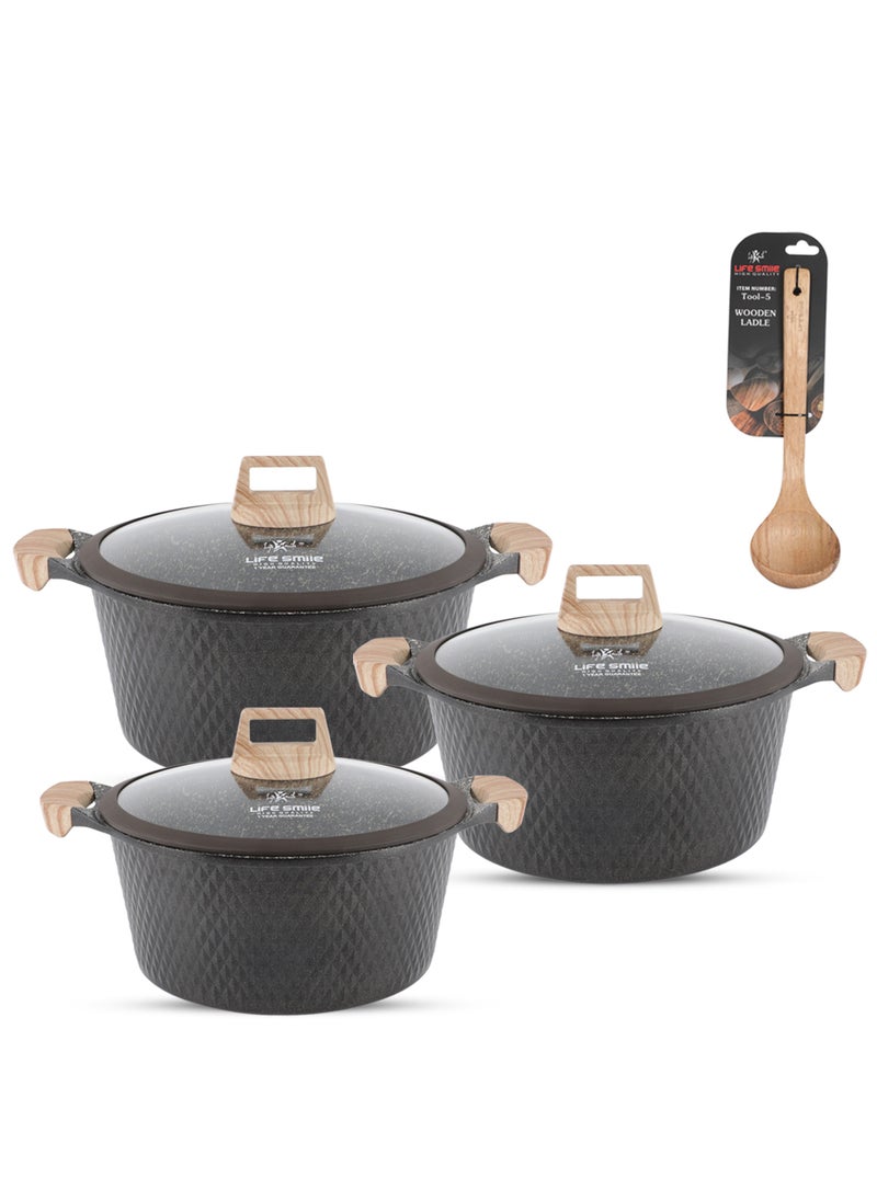 LIFE SMILE Granite Stone Non-Stick Cooking Set - Multi-Layer Granite Coated Cookware with Induction Base and Bakelite Handles, 100% PFOA-Free Pots (Brown, 24/28/32CM)