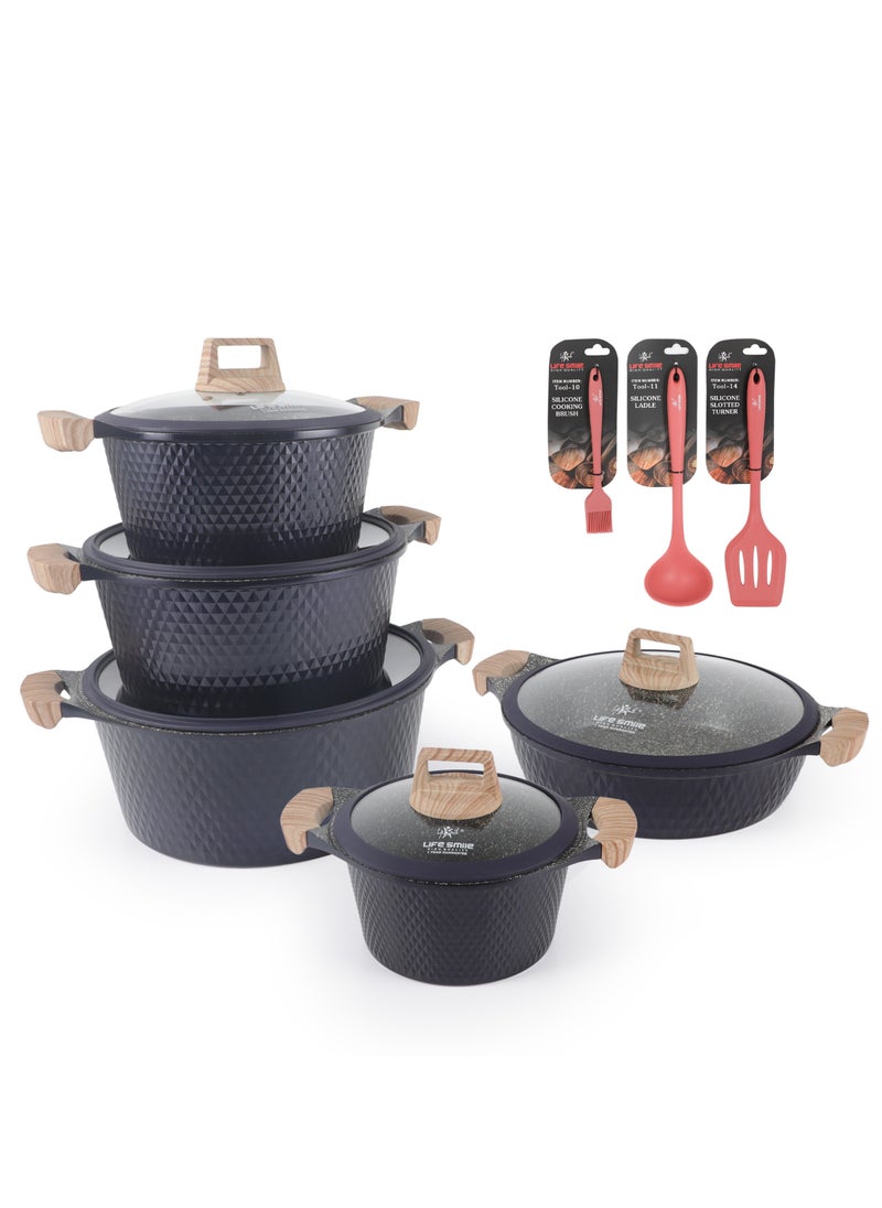 Cookware Set 13 pieces - LIFE SMILE Pots and Pans set Granite Non Stick Coating 100% PFOA FREE, Induction Base Cooking Set include Casseroles & Shallow Pot & Silicone Utensils