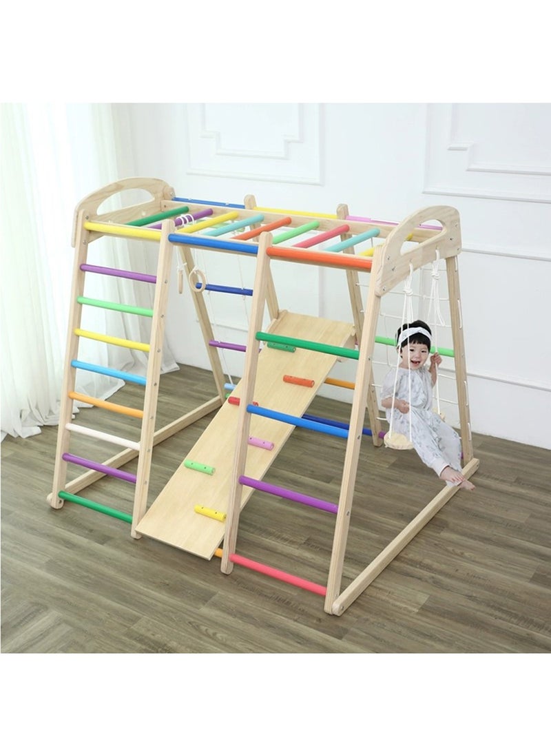 7 In 1 Children's Climbing Frame Large Toy Suitable For Indoor And Outdoor Entertainment And Sports Activities Solid Wood Material Small Family Park Slide Rope Climbing Frame Horizontal Bar Swing Baby Climbing Slide Swing Combination Toy Set