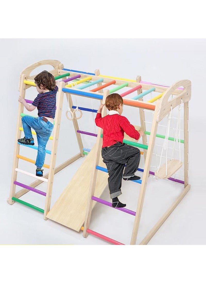 7 In 1 Children's Climbing Frame Large Toy Suitable For Indoor And Outdoor Entertainment And Sports Activities Solid Wood Material Small Family Park Slide Rope Climbing Frame Horizontal Bar Swing Baby Climbing Slide Swing Combination Toy Set