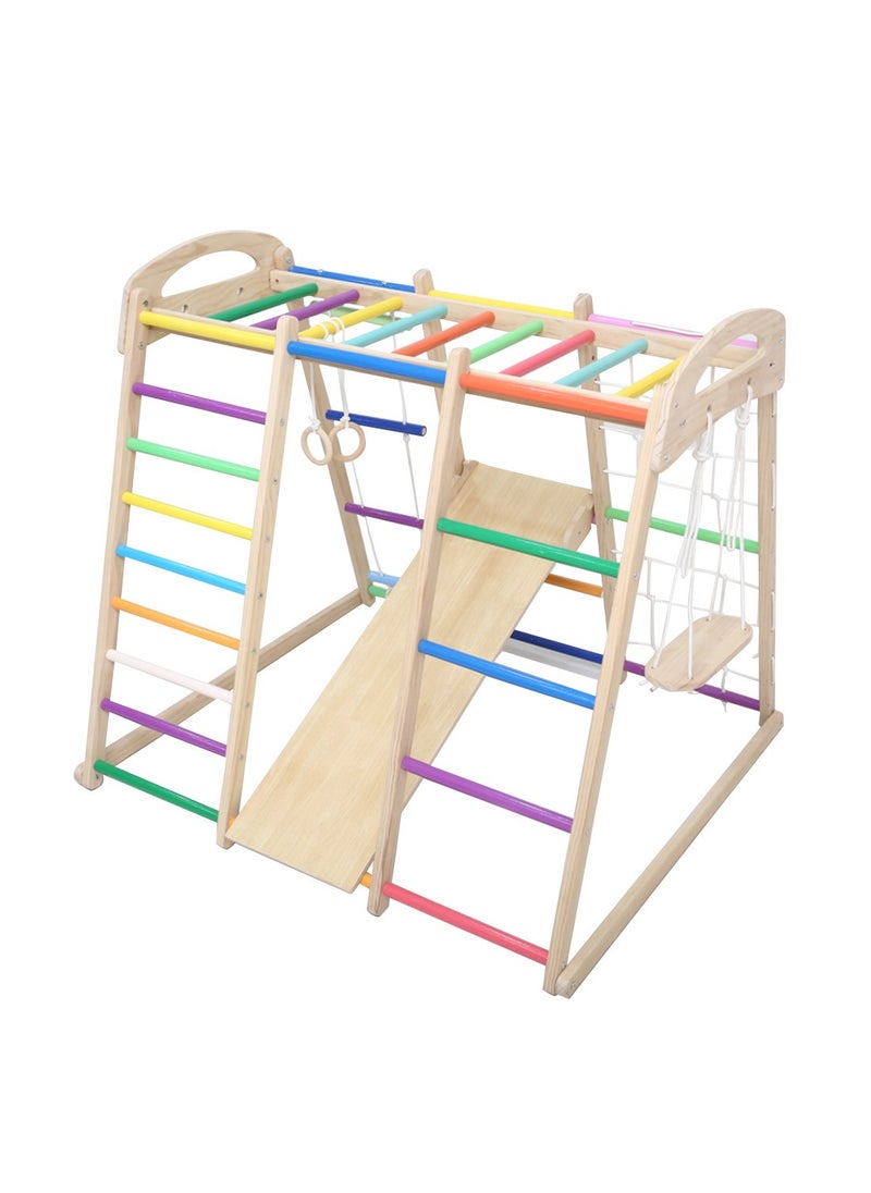 7 In 1 Children's Climbing Frame Large Toy Suitable For Indoor And Outdoor Entertainment And Sports Activities Solid Wood Material Small Family Park Slide Rope Climbing Frame Horizontal Bar Swing Baby Climbing Slide Swing Combination Toy Set