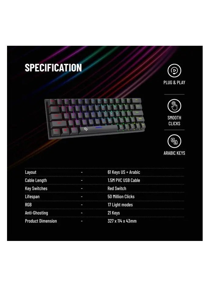 Gaming 61 Keys Pudding Mechanical Keyboard / 21 Keys Anti-Ghosting 1.5m PVC USB Cable / Red Switch / 50+ Million Clicks / 17 Light Modes  - Black