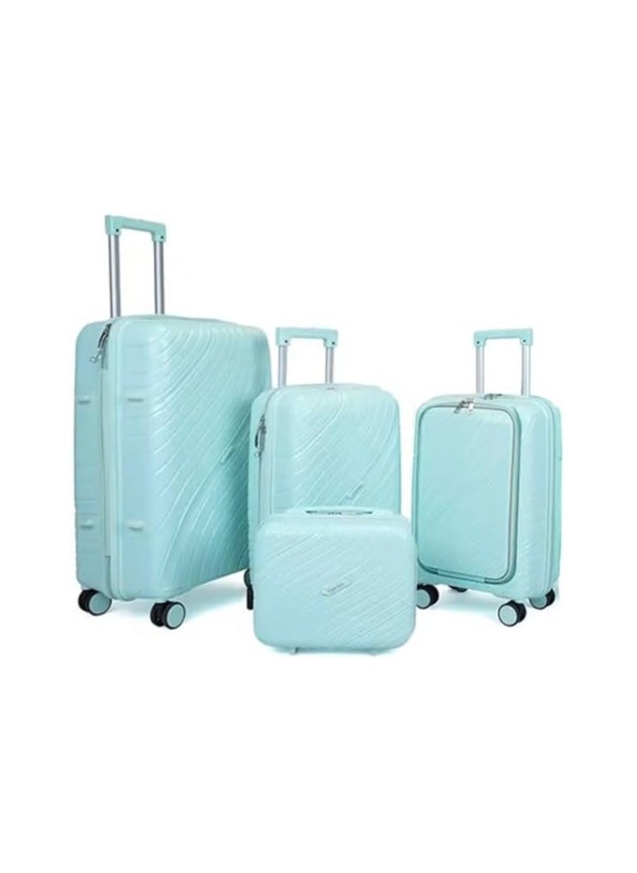 4 PCS TROLLEY LUGGAGE ALUMINUM FRAME POLY CARBON MATERIAL, LUGGAGE SUITCASE SET AND CABIN LUGGAGE BAG SET LIGHT GREEN COLOUR