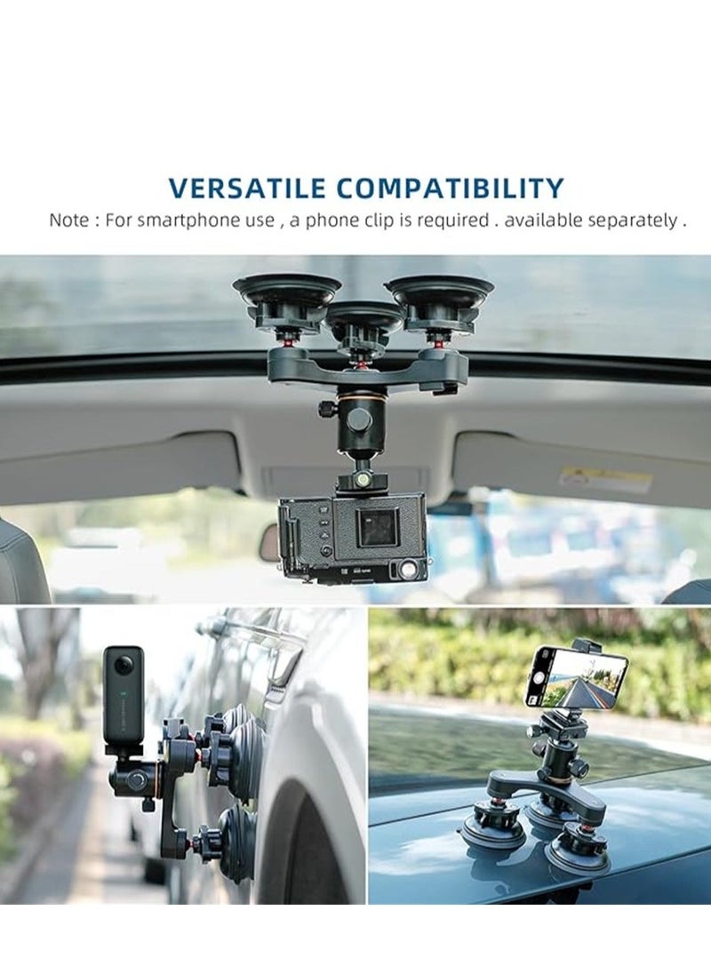 Triple Suction Cup, Car Mount Heavy Duty Tripod with 360 Ball Head for GoPro 12/11/10/9 Insta360 X3 GO3 DJI Action 4/3 DSLR Mirrorless Camera, Windshield Window Holder Attach Accessories