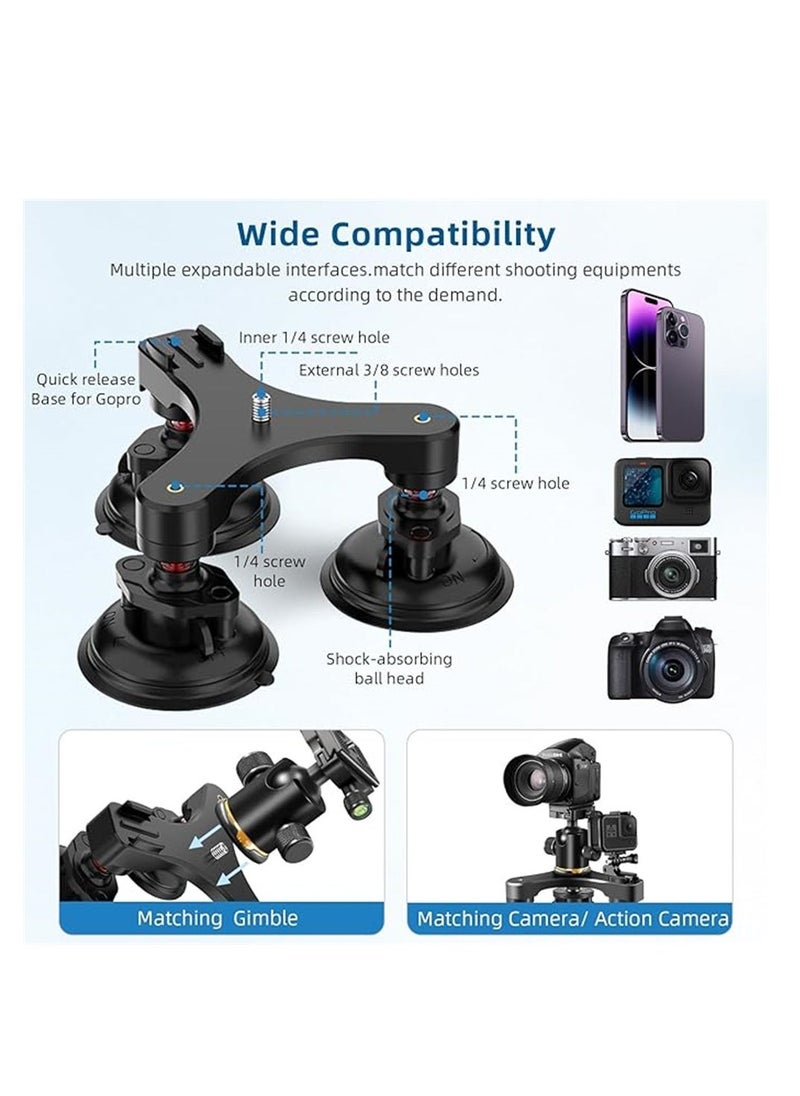 Triple Suction Cup, Car Mount Heavy Duty Tripod with 360 Ball Head for GoPro 12/11/10/9 Insta360 X3 GO3 DJI Action 4/3 DSLR Mirrorless Camera, Windshield Window Holder Attach Accessories