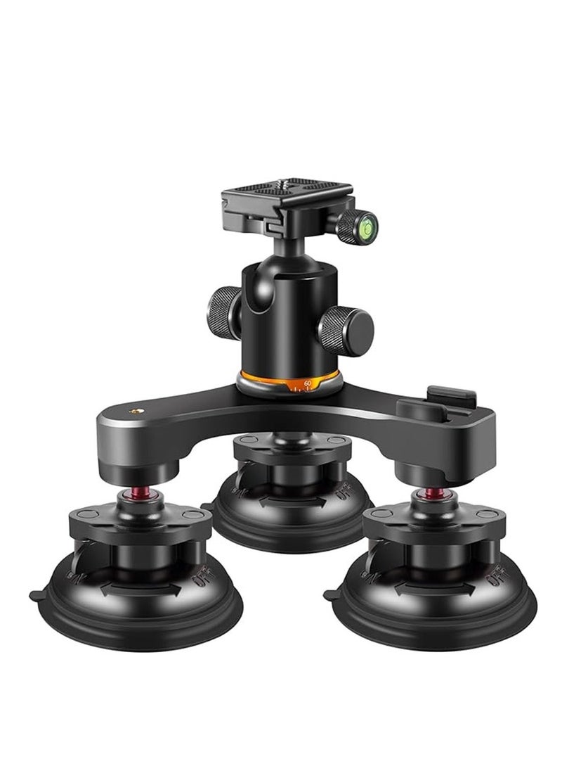 Triple Suction Cup, Car Mount Heavy Duty Tripod with 360 Ball Head for GoPro 12/11/10/9 Insta360 X3 GO3 DJI Action 4/3 DSLR Mirrorless Camera, Windshield Window Holder Attach Accessories