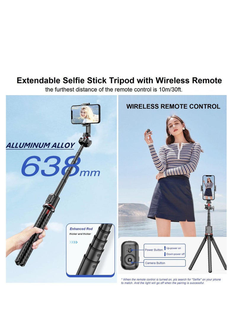 Phone Tripod Selfie Stick, Mini Camera Tripod Phone Holder, with Cold Shoe Mount Travel Tripod and Remote Shutter Control, for iPhone Samsung Camera Stand Video Recording Vlog