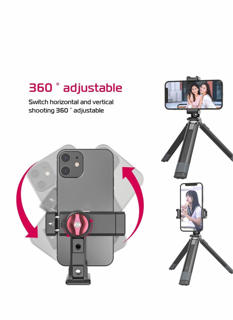 Metal Phone Tripod Mount,3 Cold Shoes & Arca Port, 360° Smartphone Tripod Adapter for iPhone,for Samsung Cell Phone Stand Holder for Desktop Tripod Video Vlogging Rig Attachment