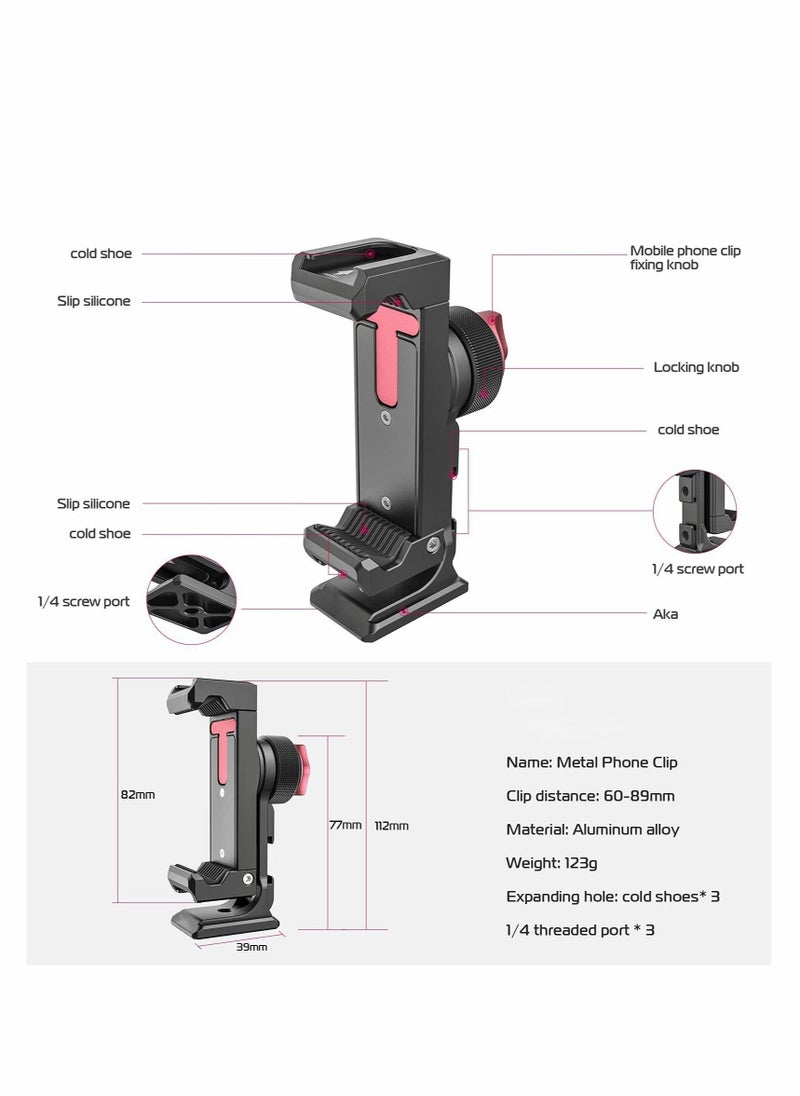 Metal Phone Tripod Mount,3 Cold Shoes & Arca Port, 360° Smartphone Tripod Adapter for iPhone,for Samsung Cell Phone Stand Holder for Desktop Tripod Video Vlogging Rig Attachment